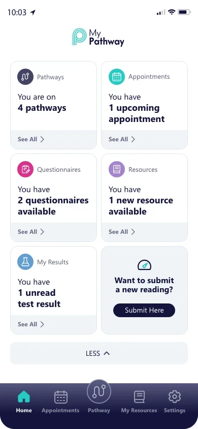 MyPathway redesigned Home screen with summary cards for pathways, appointments, questionnaires, resources and results